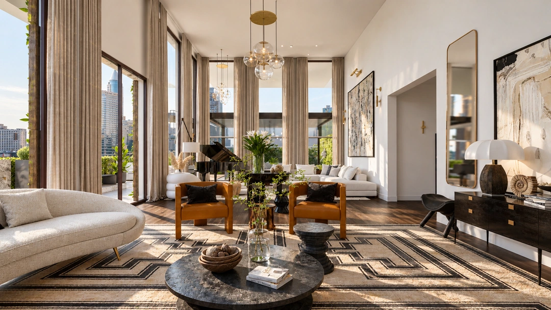 Sunlit living room overlooking the city — New York, NY, Studio Dalika; project view 8