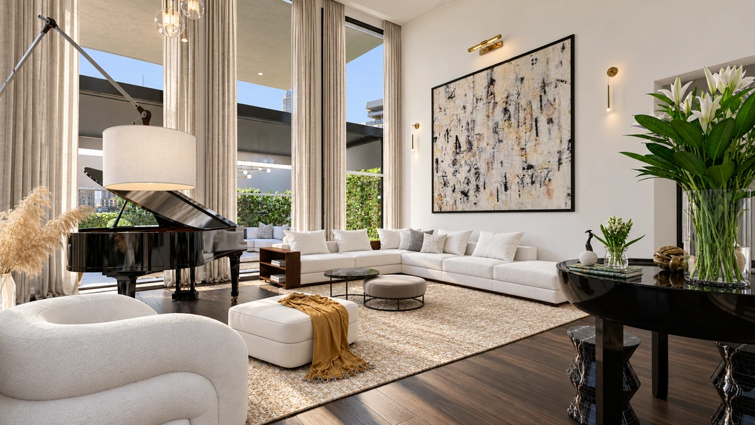 Living room with a media wall and pale seating — New York, NY, Studio Dalika; project view 9