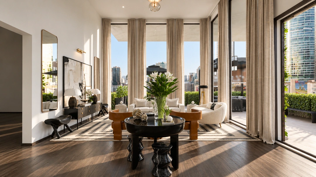 Dining area opening to a bright living room — New York, NY, Studio Dalika; project view 10
