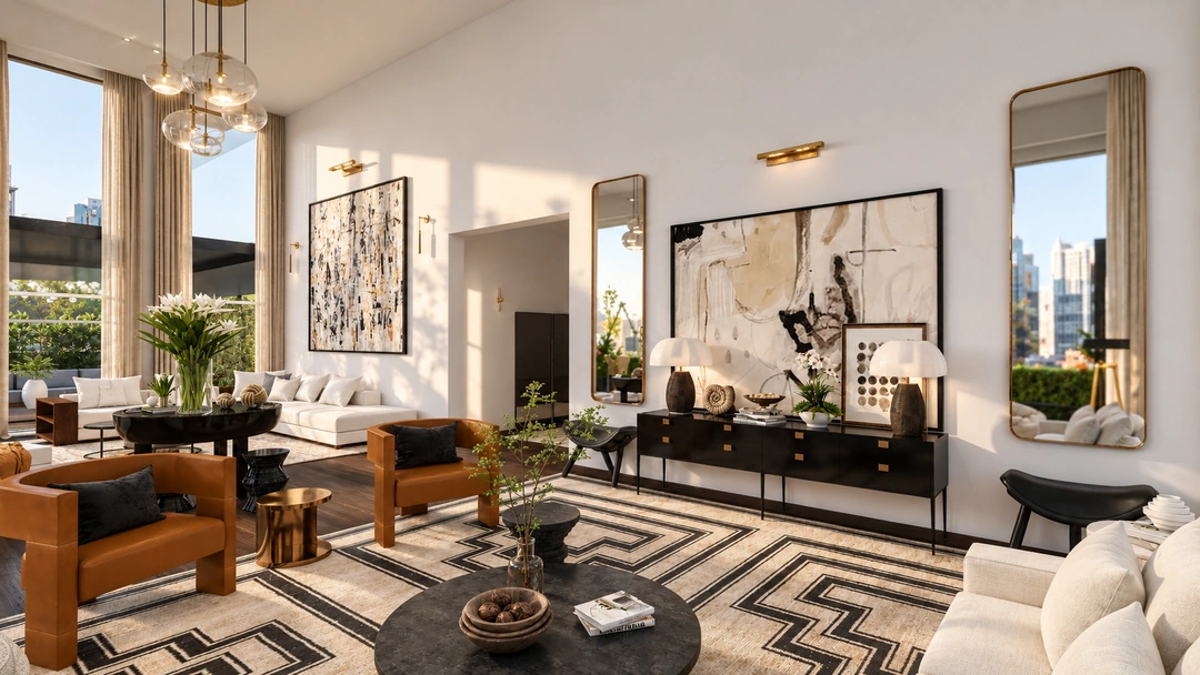 Living room with tall windows and a geometric rug — New York, NY, Studio Dalika; project view 11