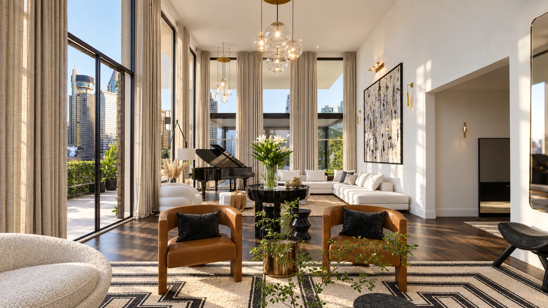 Living room with framed art and a media wall — New York, NY, Studio Dalika; project view 12