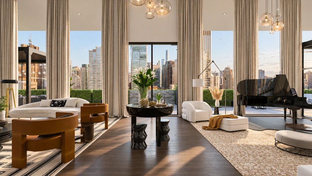 Dining room opening toward city views — New York, NY, Studio Dalika; project view 13