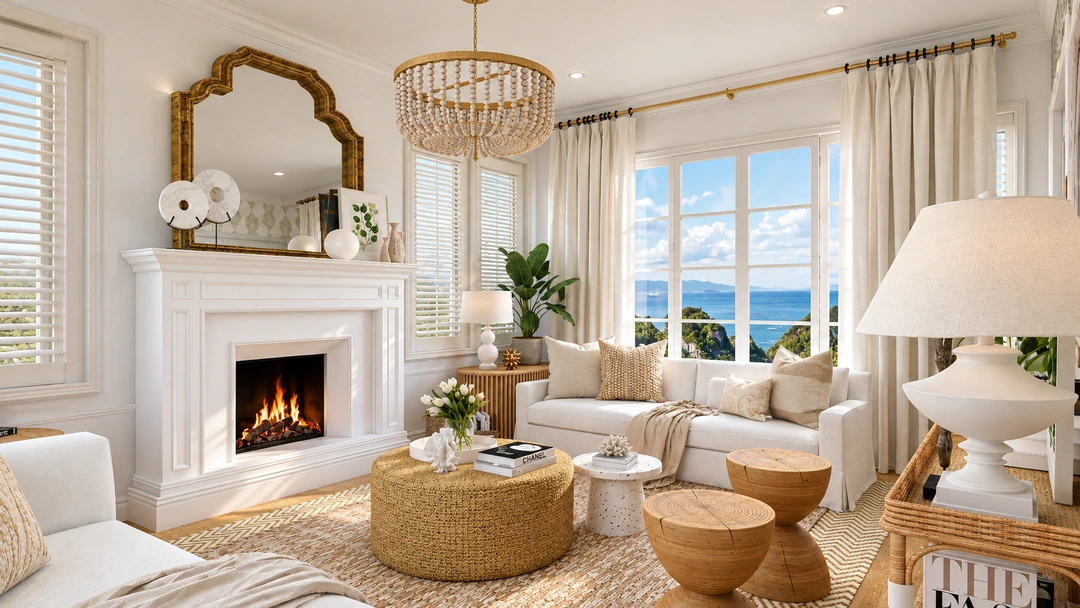 Sunlit living room with an arched mirror — Honolulu, HI, Studio Dalika