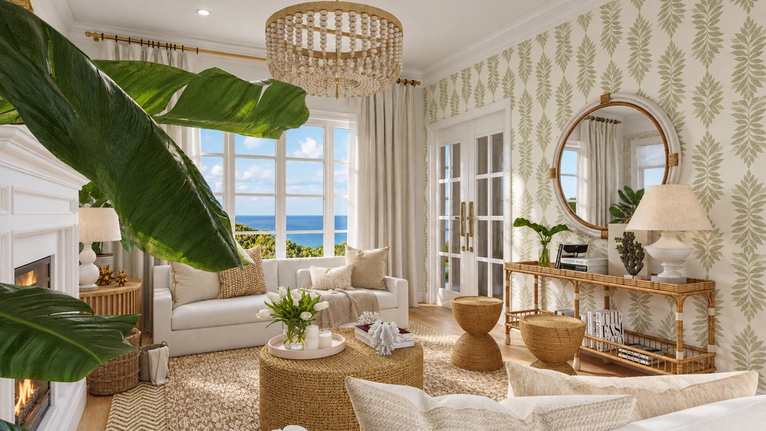 Living room with tropical greenery and a chandelier — Honolulu, HI, Studio Dalika; project view 3