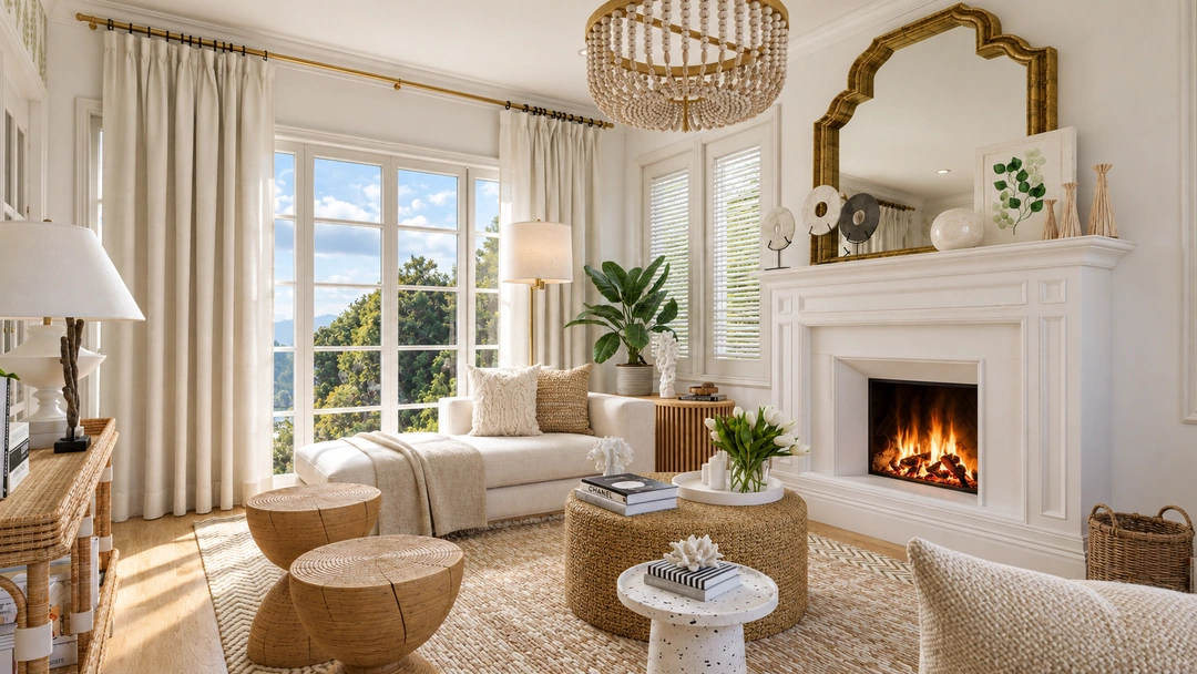 Living room fireplace beside tall curtained windows — Honolulu, HI, Studio Dalika; project view 4