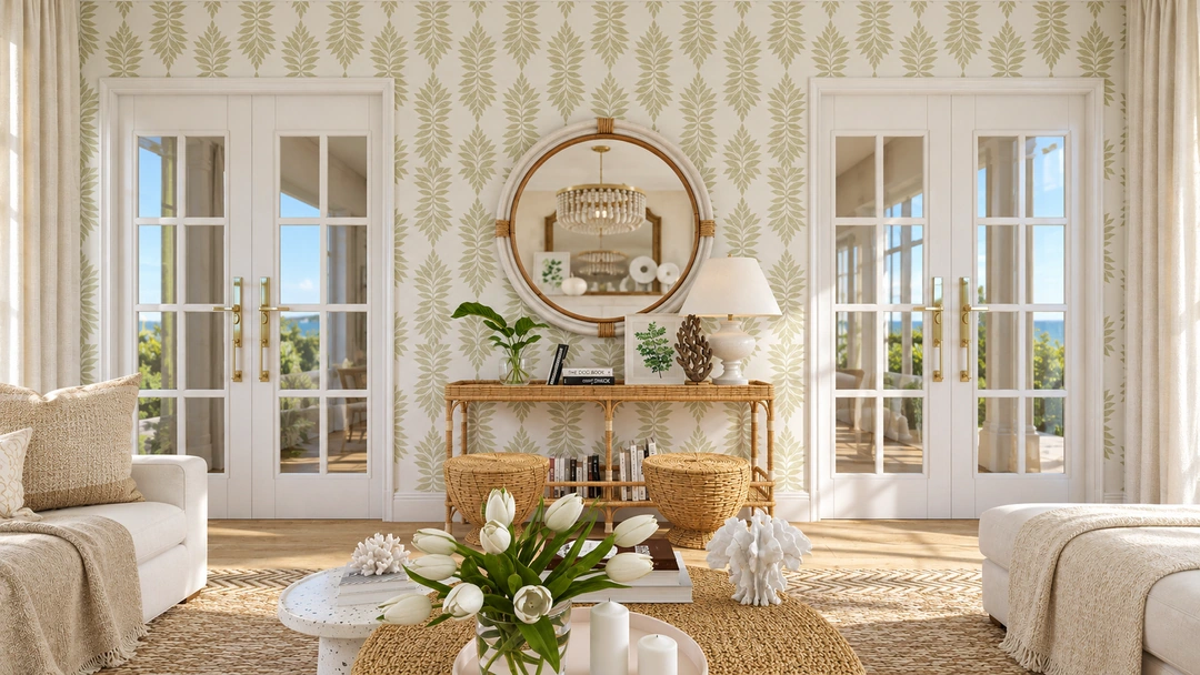 Arched console mirror and pale patterned walls — Honolulu, HI, Studio Dalika; project view 5