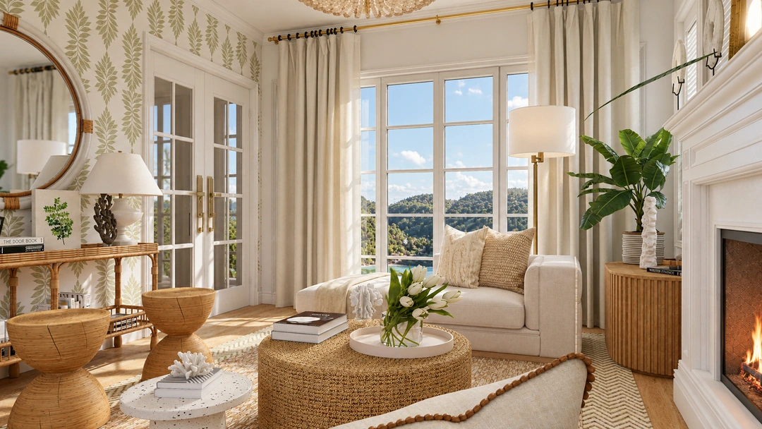 Living room beneath a decorative ceiling light — Honolulu, HI, Studio Dalika; project view 6