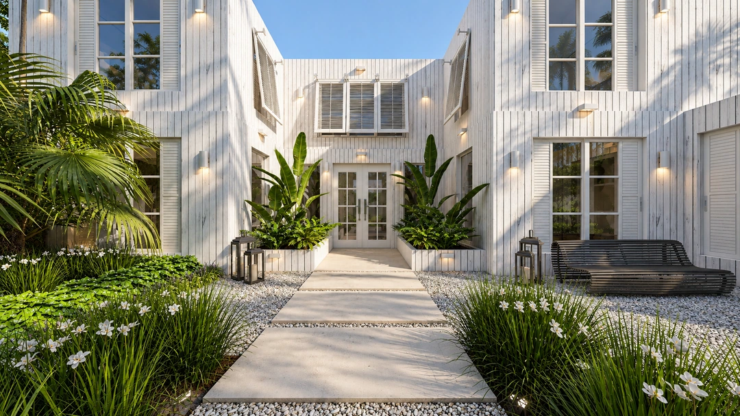 White residence and landscaped front garden — Coral Gables, FL, Studio Dalika