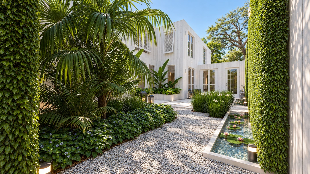 Garden path bordered by tropical foliage — Coral Gables, FL, Studio Dalika; project view 3