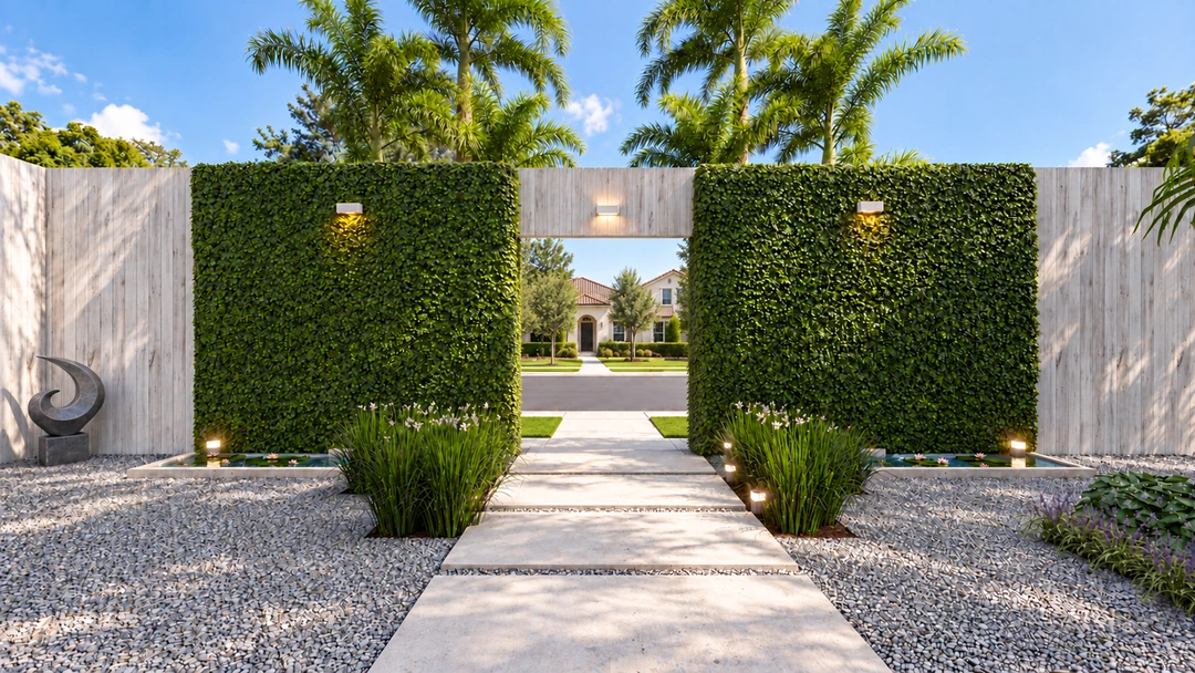 Garden path approaching a white residence — Coral Gables, FL, Studio Dalika; project view 4