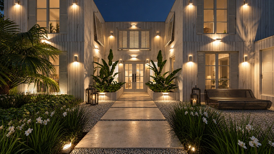 Arched windows and planted entry courtyard at night — Coral Gables, FL, Studio Dalika; project view 5