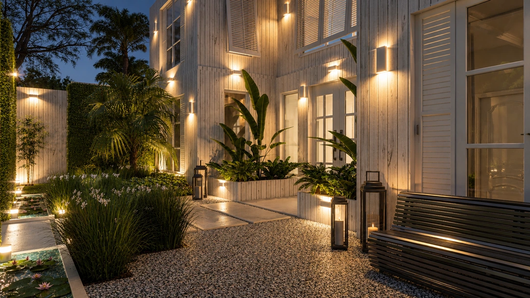 Residence entry and landscape lighting at night — Coral Gables, FL, Studio Dalika; project view 6