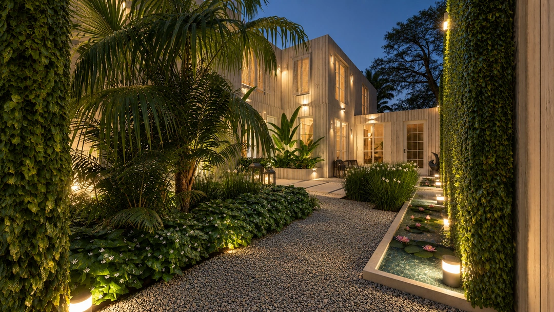 Tropical courtyard and exterior wall lighting at night — Coral Gables, FL, Studio Dalika; project view 7