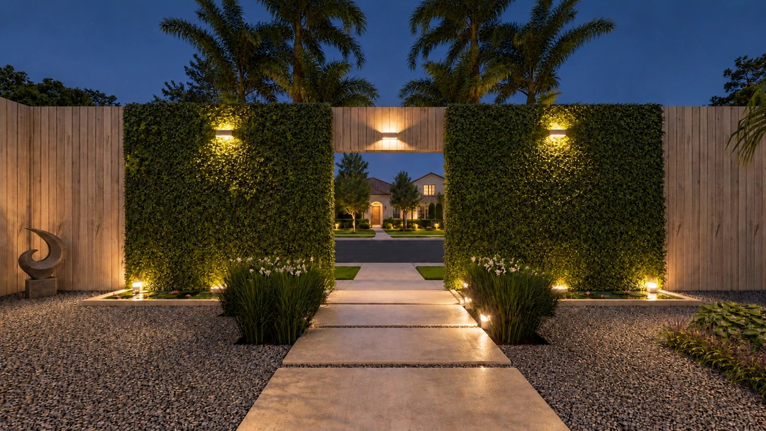 Tropical entrance walkway illuminated at night — Coral Gables, FL, Studio Dalika; project view 8