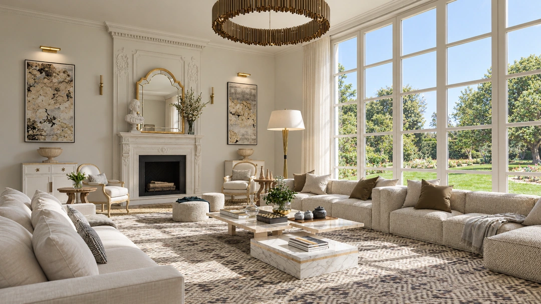 Living room beneath a large round chandelier — Saddle River, NJ, Studio Dalika
