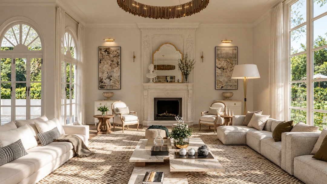 Classic living room beside arched garden-facing windows — Saddle River, NJ, Studio Dalika; project view 3