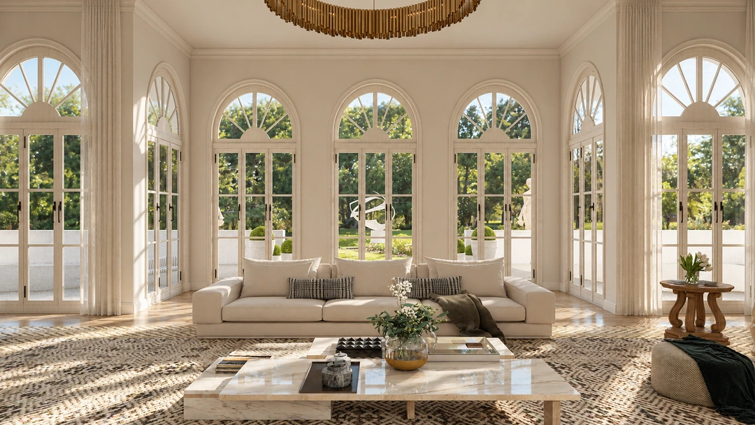 Arched windows and a white fireplace — Saddle River, NJ, Studio Dalika; project view 4