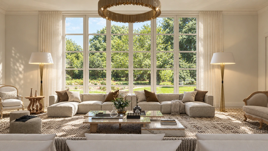 Classic living room with tall curtains — Saddle River, NJ, Studio Dalika; project view 5