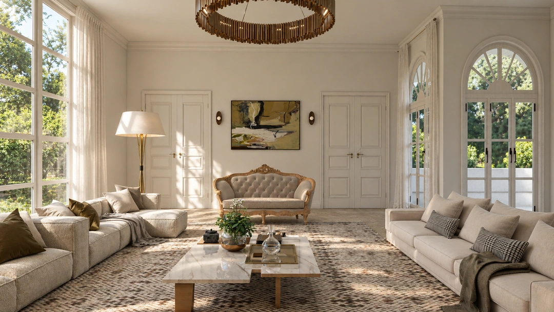 Classic living room with pale upholstery — Saddle River, NJ, Studio Dalika; project view 6