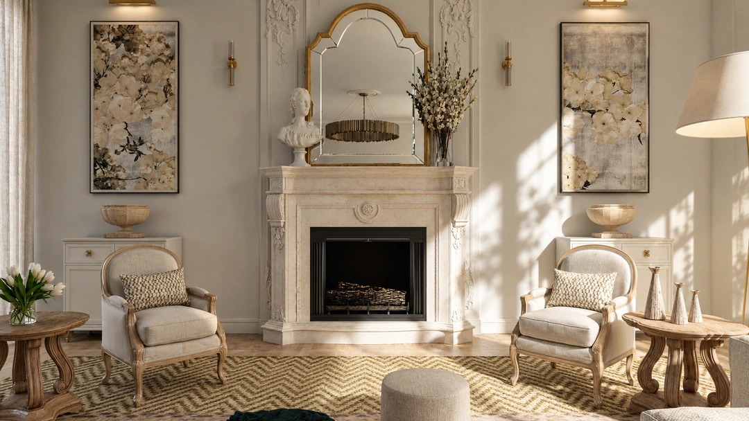 White seating and ornate wall details — Saddle River, NJ, Studio Dalika; project view 7