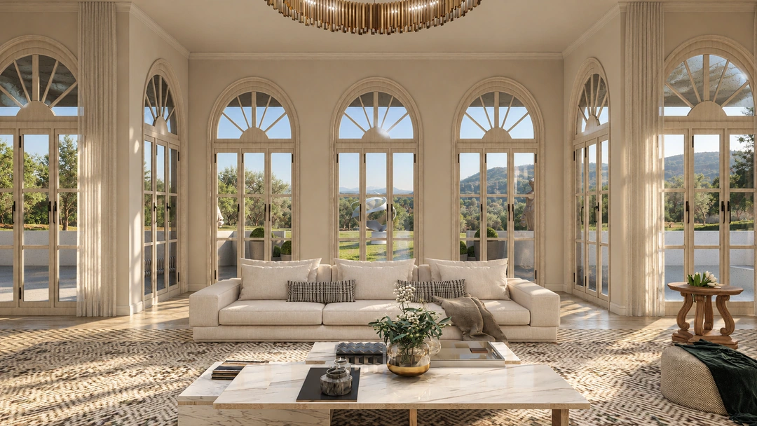 Formal living room with tall arched windows — Saddle River, NJ, Studio Dalika; project view 8