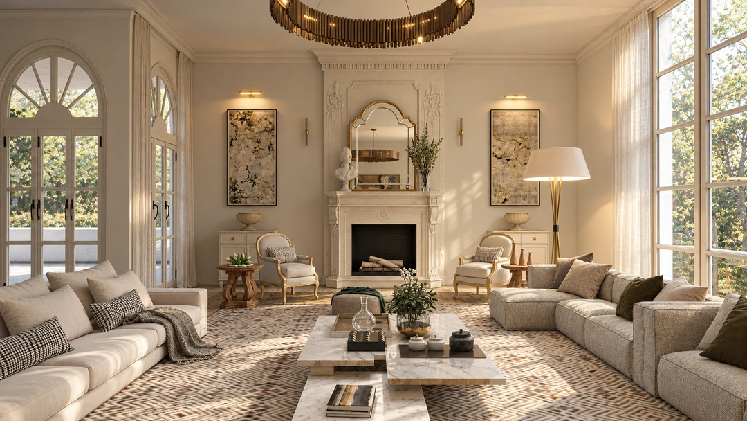 Long white sofa and ornate fireplace — Saddle River, NJ, Studio Dalika; project view 9
