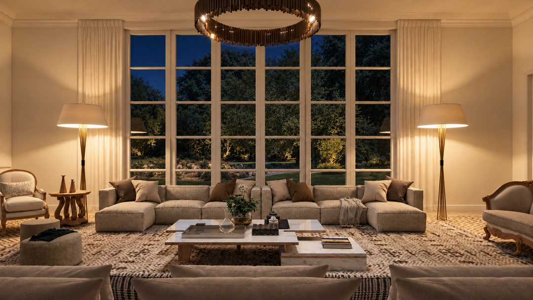 Classic living room and a round ceiling light at night — Saddle River, NJ, Studio Dalika; project view 10