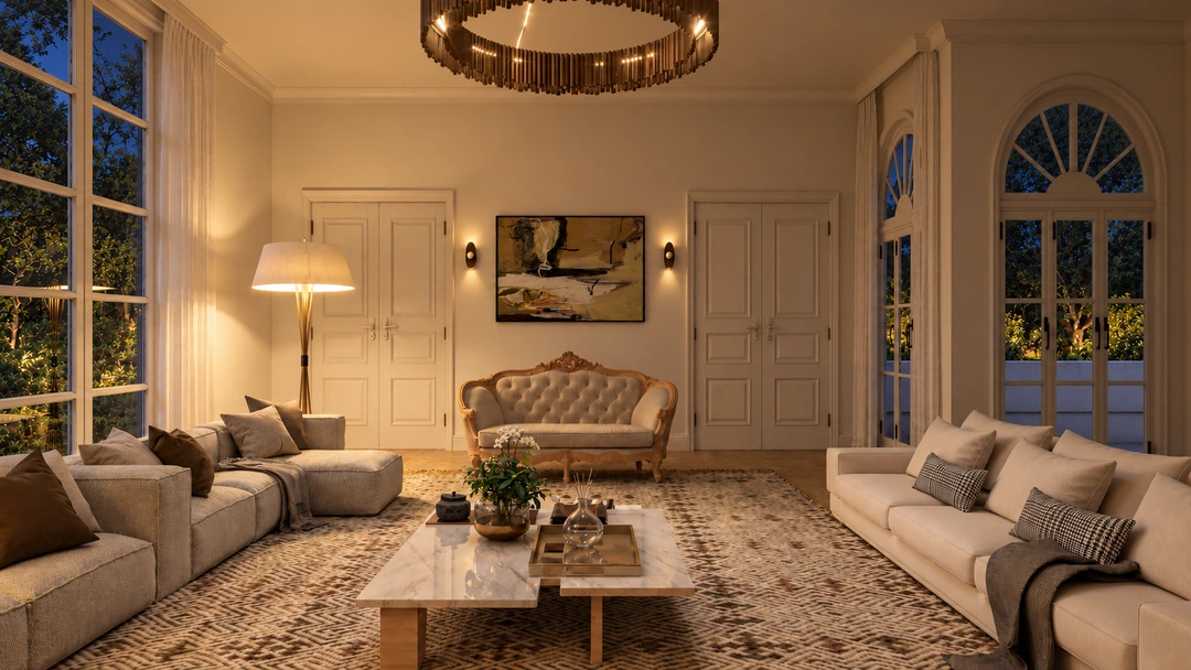 Pale living room beneath a chandelier at night — Saddle River, NJ, Studio Dalika; project view 11