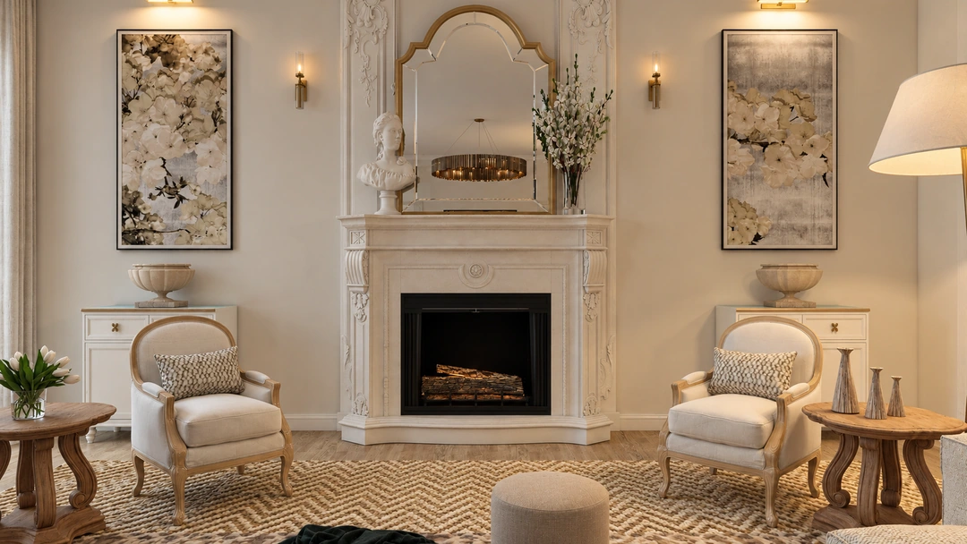 Living room with white seating and a fireplace — Saddle River, NJ, Studio Dalika; project view 12
