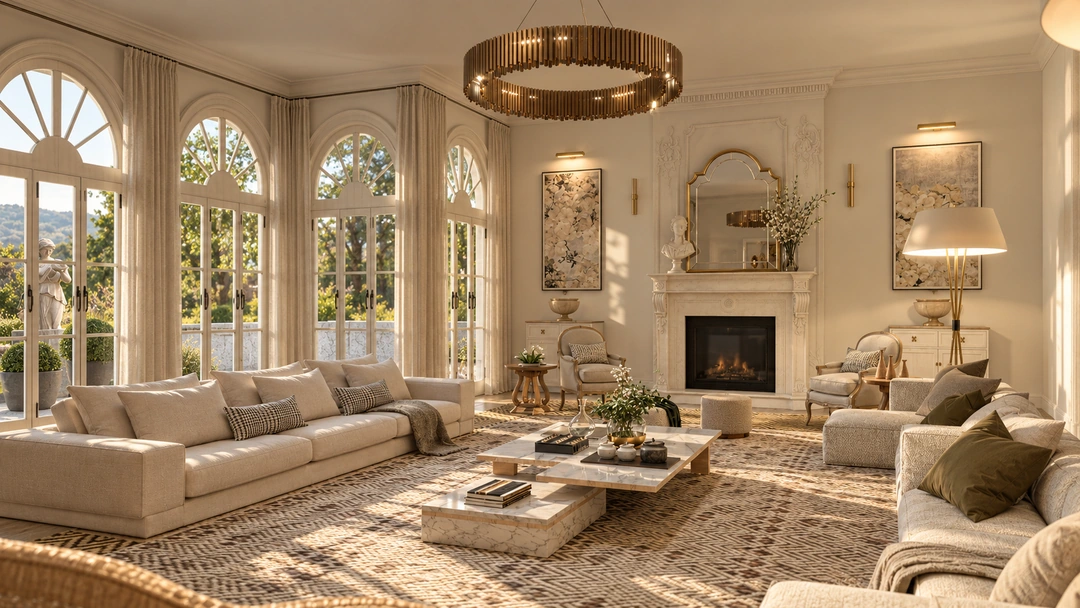 Seating arranged around a pale coffee table — Saddle River, NJ, Studio Dalika; project view 13
