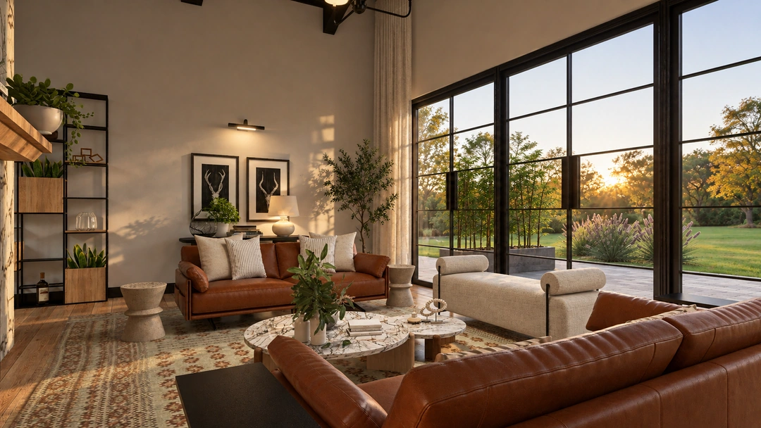 Living room and dining area in warm tones — Austin, TX, Studio Dalika