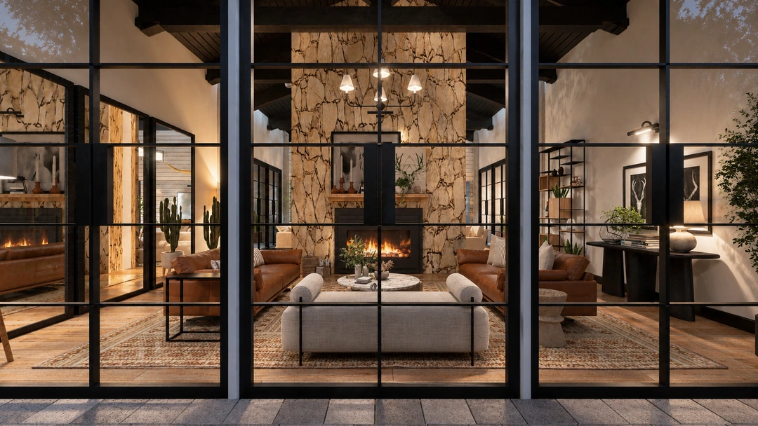 Tall glazed entrance opening toward a living room — Austin, TX, Studio Dalika; project view 3