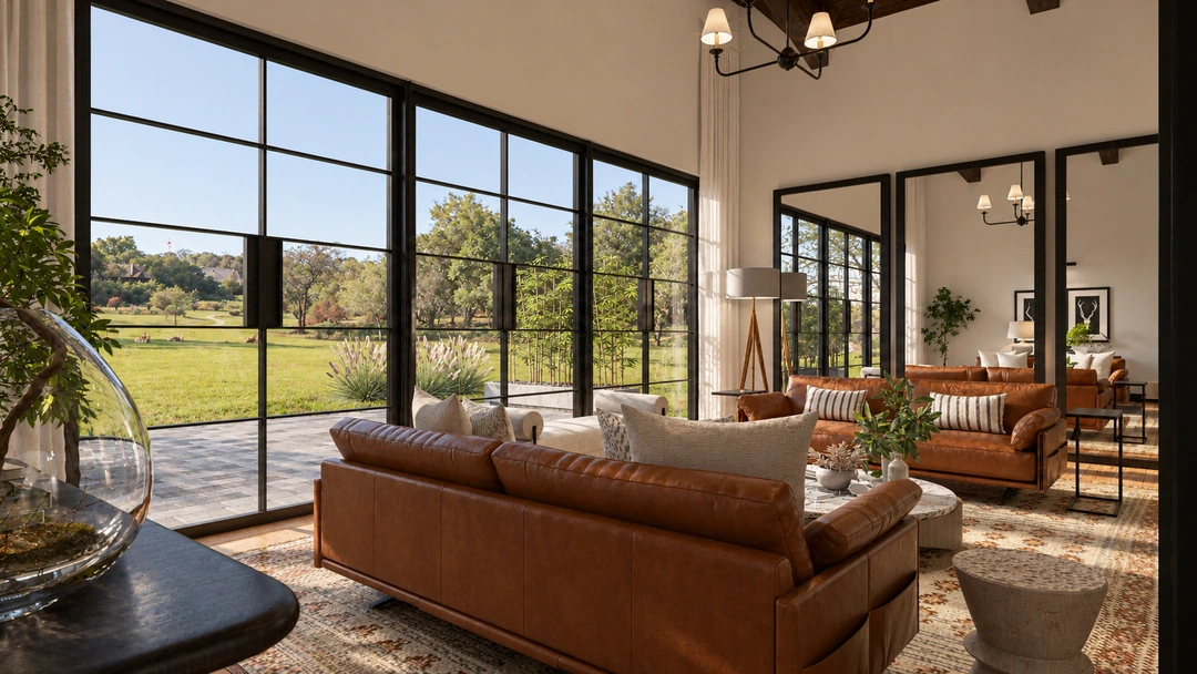 Living room with a long brown sofa — Austin, TX, Studio Dalika; project view 4