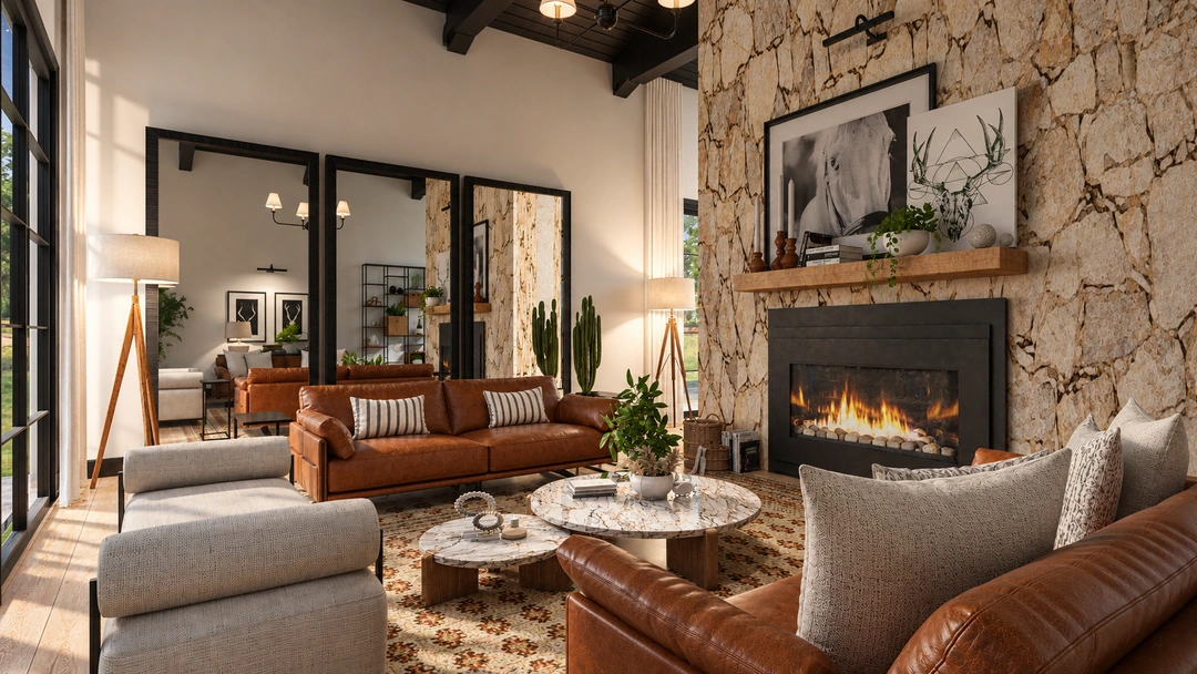 Living room with stone fireplace and garden views — Austin, TX, Studio Dalika; project view 5
