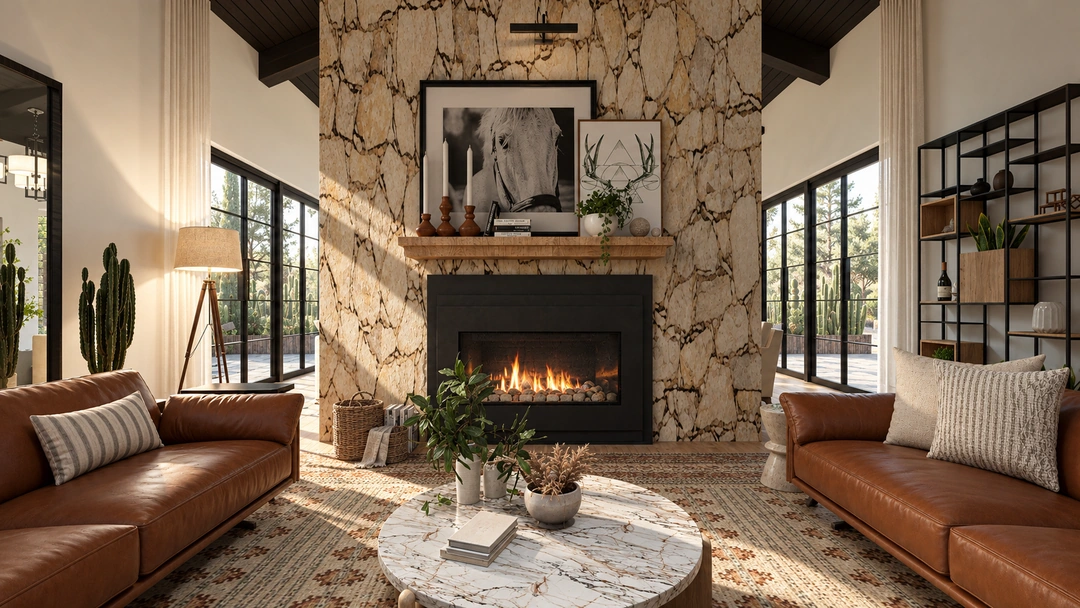 Double-height fireplace and timber dining table — Austin, TX, Studio Dalika; project view 6