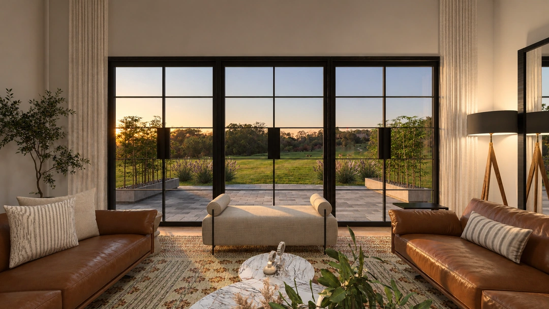 Living room and large windows facing sunset — Austin, TX, Studio Dalika; project view 7