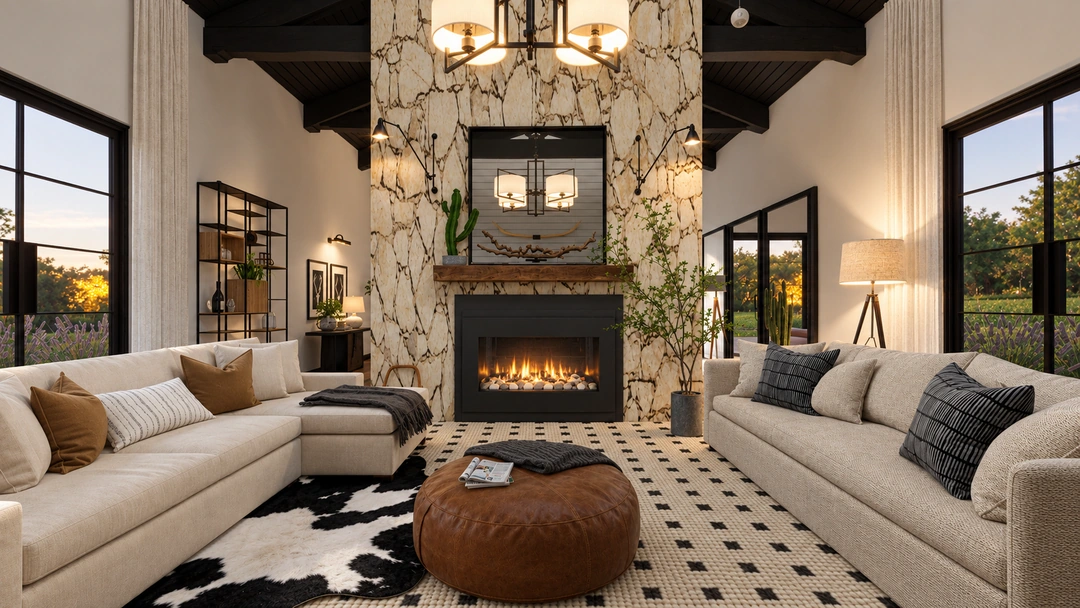 Double-height living room beneath a chandelier — Austin, TX, Studio Dalika