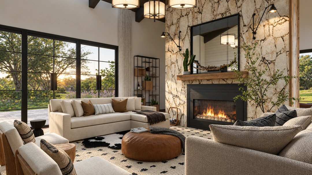 Living room beside a tall stone fireplace — Austin, TX, Studio Dalika; project view 3