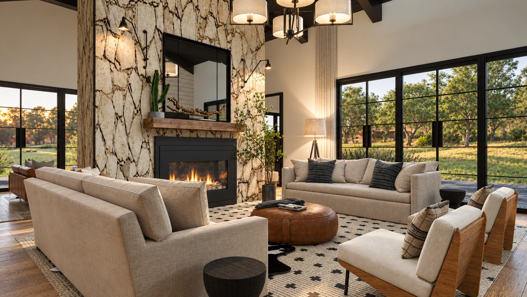 Paired sofas and a large stone fireplace — Austin, TX, Studio Dalika; project view 4
