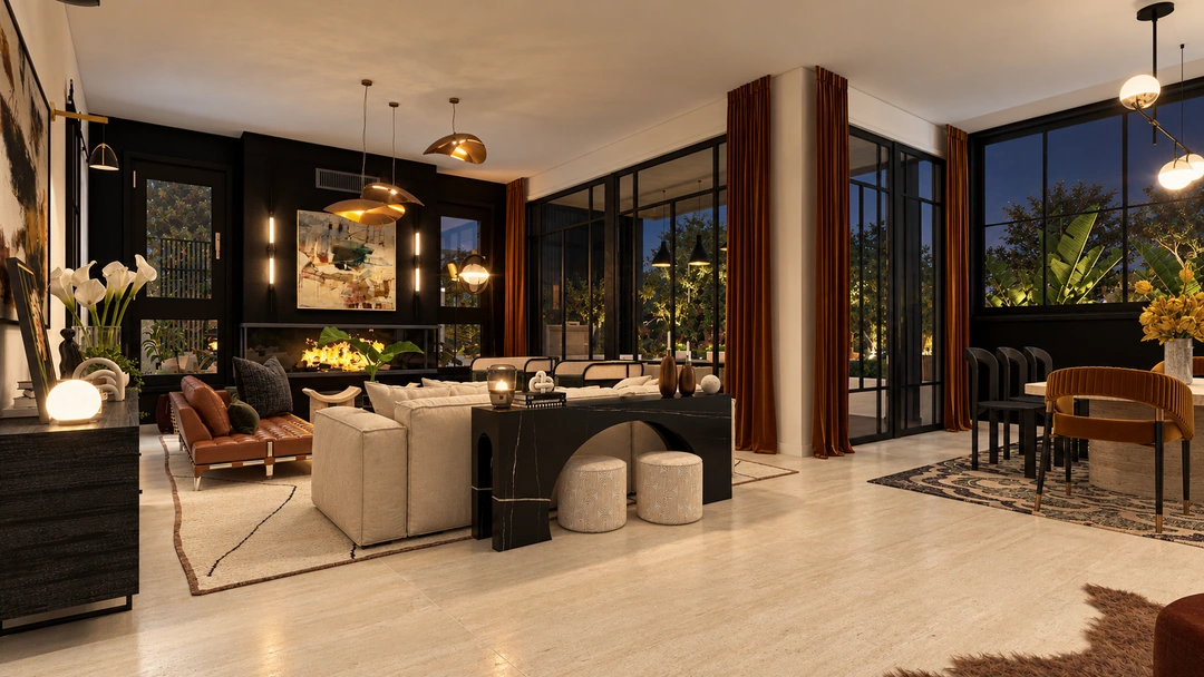 Living room with timber panels and pendant lighting — Santa Barbara, CA, Studio Dalika