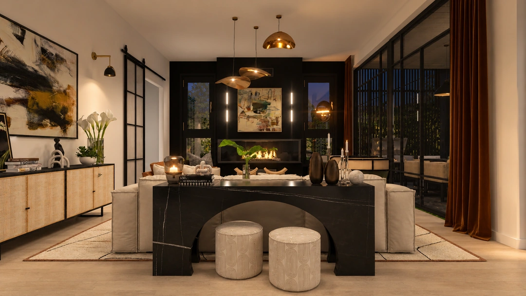 Open-plan living room with dark shelving at night — Santa Barbara, CA, Studio Dalika; project view 3