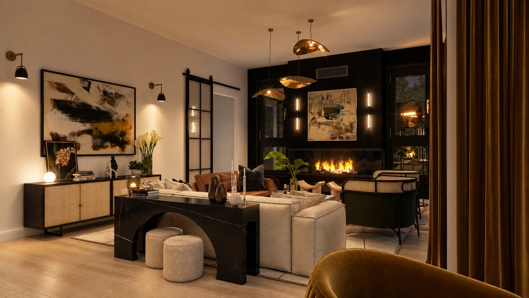Living room with display shelves at night — Santa Barbara, CA, Studio Dalika; project view 4