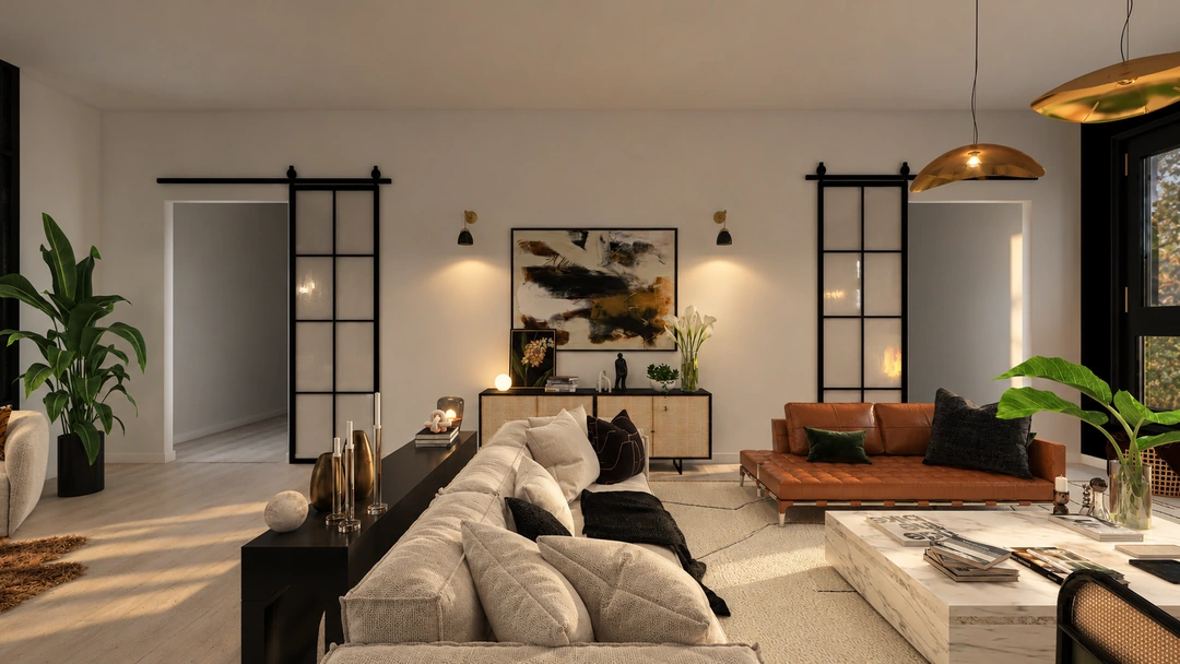 Pale seating with a dark accent wall — Santa Barbara, CA, Studio Dalika; project view 5
