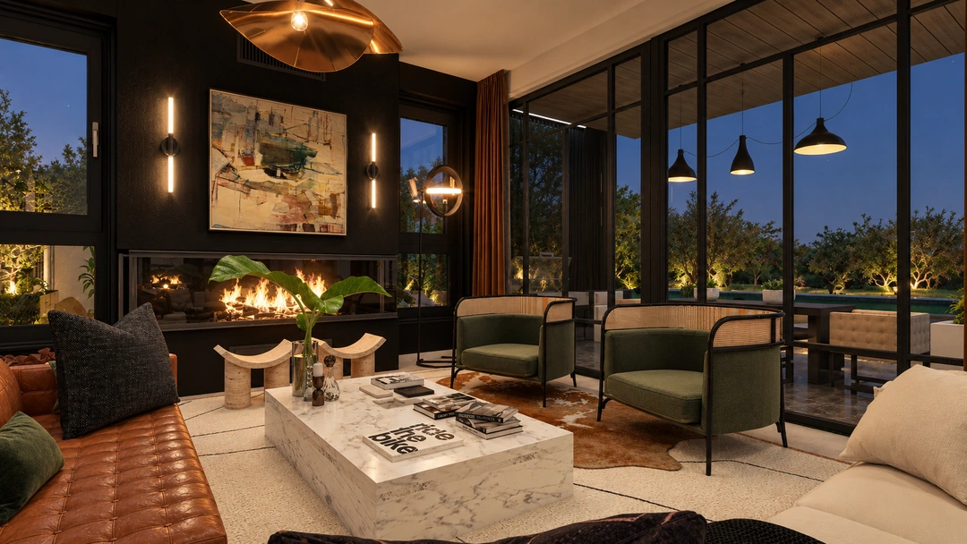 Living room seating facing garden windows at night — Santa Barbara, CA, Studio Dalika; project view 6