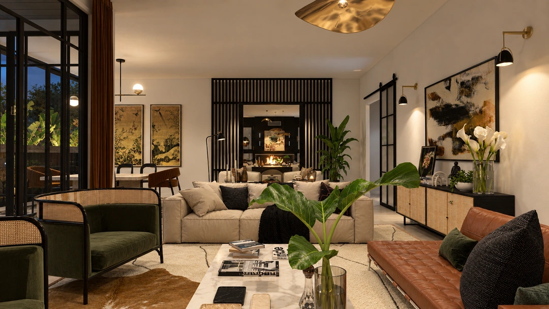 Living room with dark timber panels at night — Santa Barbara, CA, Studio Dalika; project view 8