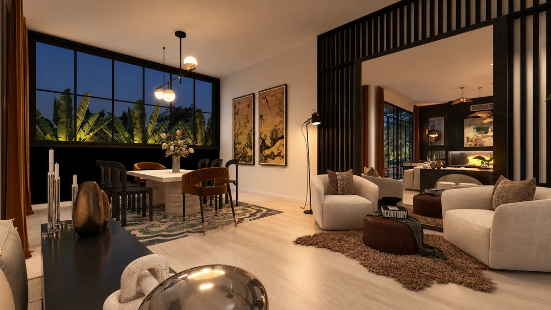 Living room with a garden outlook at night — Santa Barbara, CA, Studio Dalika; project view 9