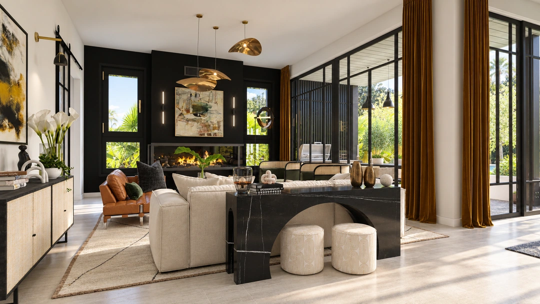 Curved lounge seating and built-in shelving — Santa Barbara, CA, Studio Dalika; project view 12