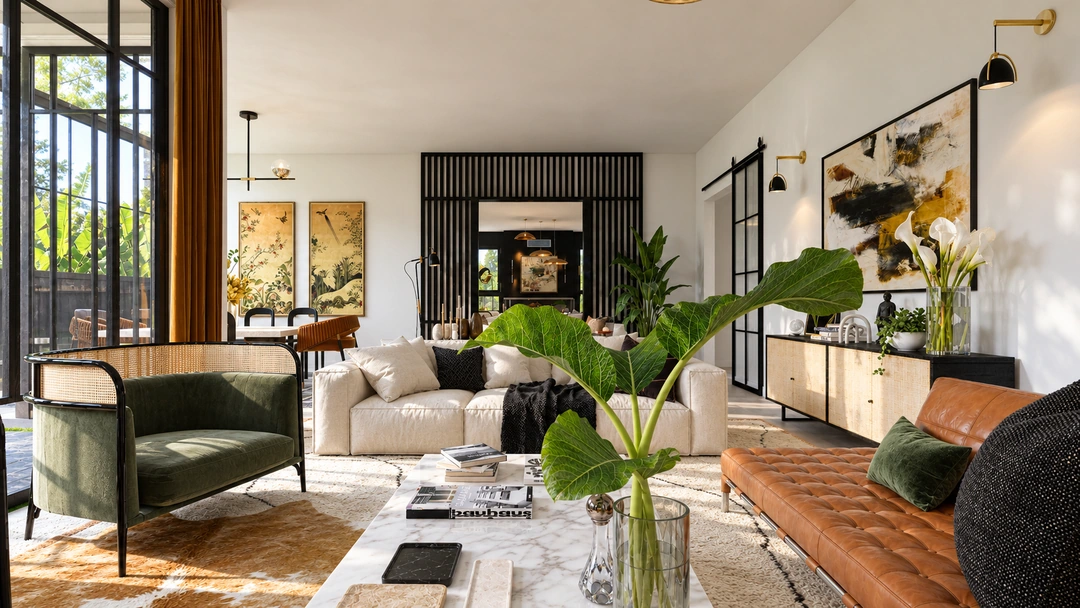 Sunlit dining room and upholstered seating — Santa Barbara, CA, Studio Dalika; project view 13