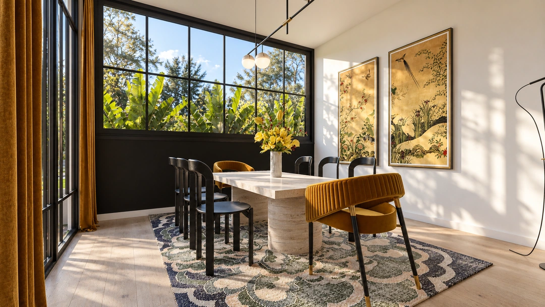 Dining table beside tall windows — Santa Barbara, CA, Studio Dalika; project view 14