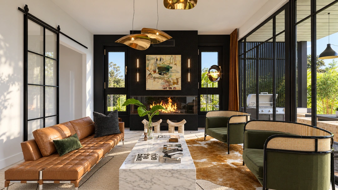 Living room and dining table beneath pendant lights — Santa Barbara, CA, Studio Dalika; project view 15